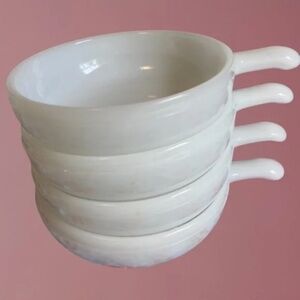 Vintage Glasbake Milk Glass Lug Handle French Onion Soup Chili Bowls Set of 4